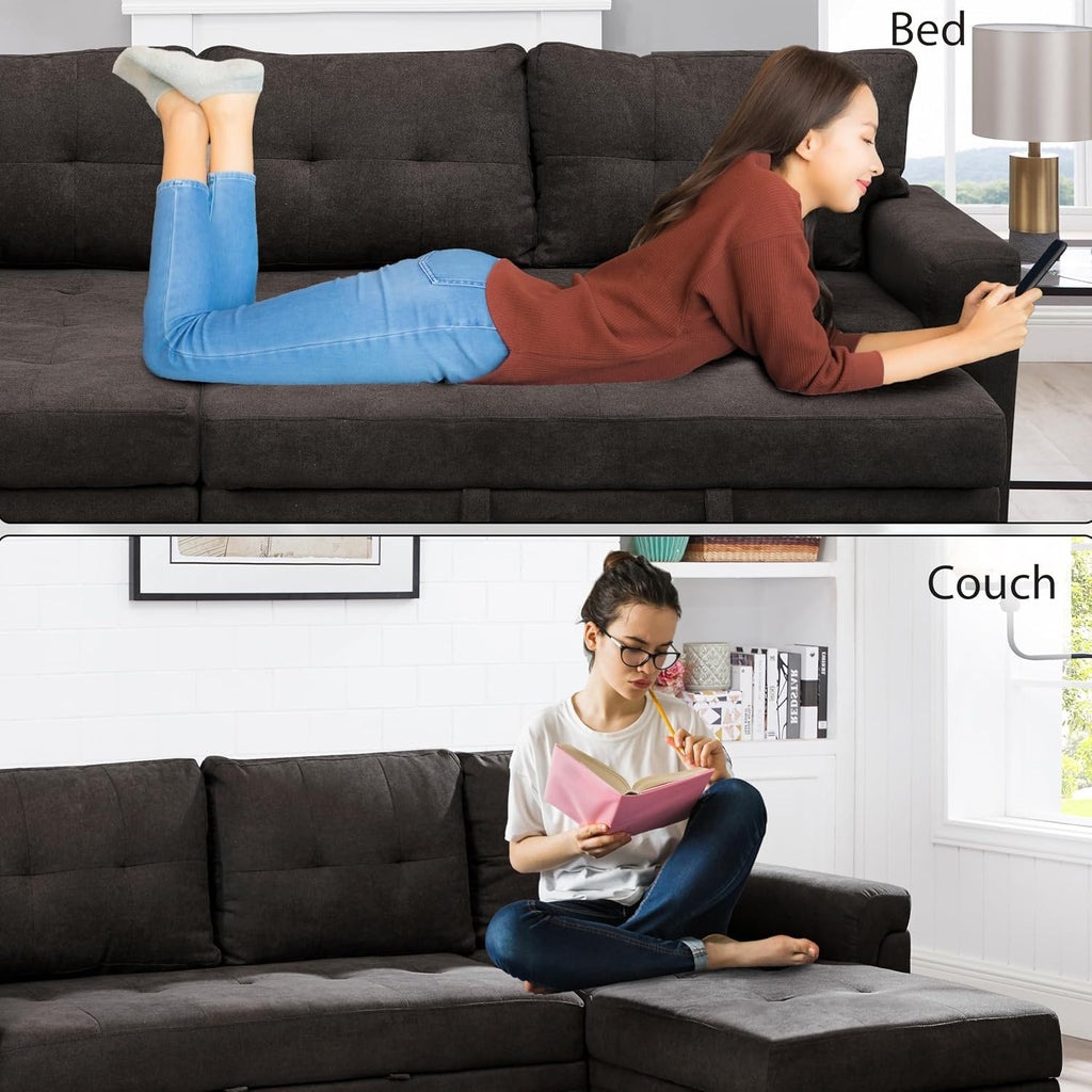 Naomi Home L Shaped Sectional Couch with Storage & Pull Out Bed – 3-in-1 Convertible Sleeper Sofa Bed, Small L Shape Sofa for Living Room, Sofa Bed with Storage Chaise in Espresso, Velvet
