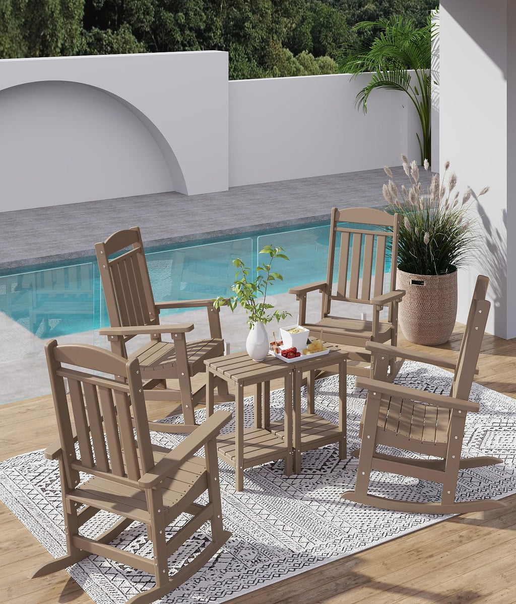 FOOWIN Outdoor Rocking Chair Set of 6, High Back Patio Rocking Chair, HDPE All Weather Resistant Porch Rocker for Adult, Oversized Rocking Chairs for Garden, Lawn, Indoor & Outdoor Use, Brown