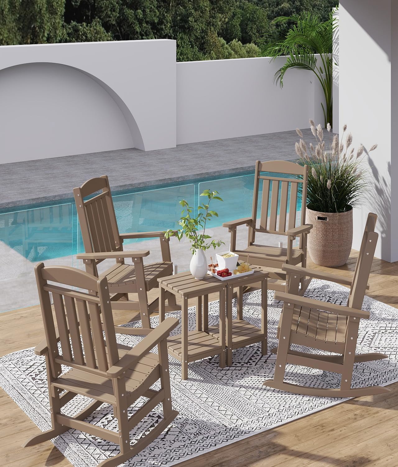 FOOWIN Outdoor Rocking Chair Set of 4, High Back Patio Rocking Chair, HDPE All Weather Resistant Porch Rocker for Adult, Oversized Rocking Chairs for Garden, Lawn, Indoor & Outdoor Use, Brown