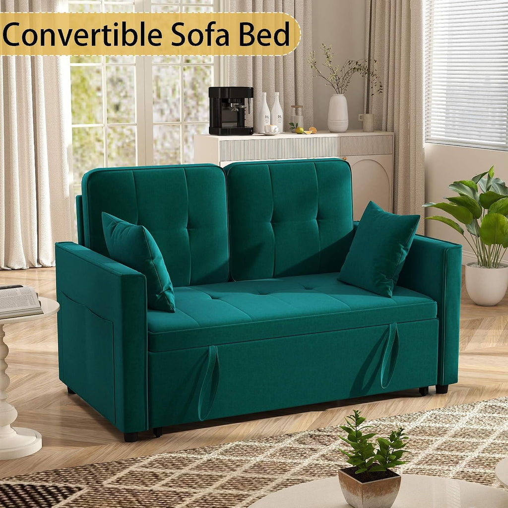 Green Convertible Sofa Bed: 3 in 1 Sleeper Sofa Couch Bed, Pull Out Couch with Adjustable Backrest, Velvet Convertible Loveseat Sleeper, for Living Room (Green)