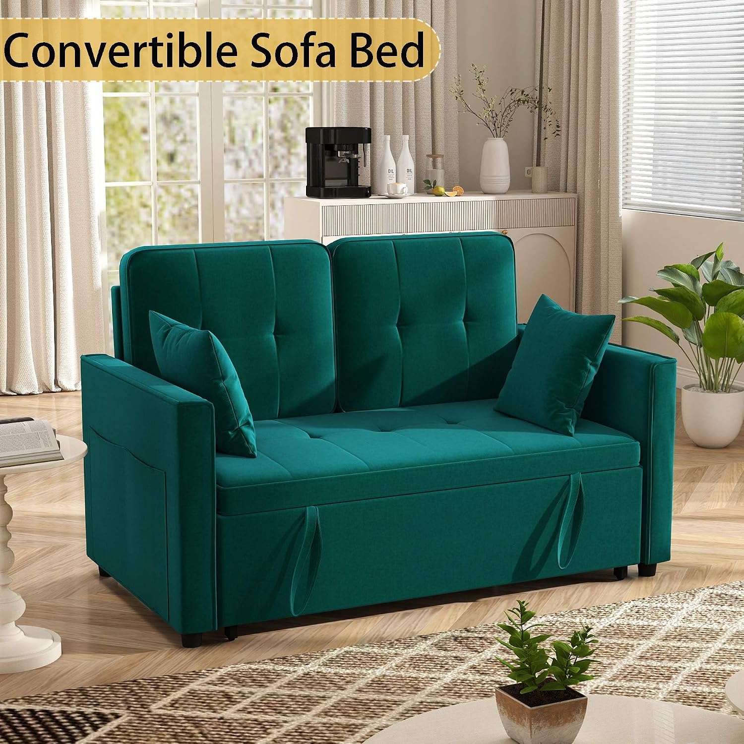 Green Convertible Sofa Bed: 3 in 1 Sleeper Sofa Couch Bed, Pull Out Couch with Adjustable Backrest, Velvet Convertible Loveseat Sleeper, for Living Room (Green)