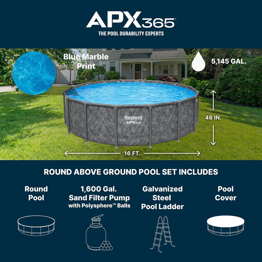 Bestway APX 365 16' x 48' Above Ground Pool, Round Metal Frame Outdoor Swimming Pool Set with Sand Filter Pump, Ladder, and Cover, Dark Marble