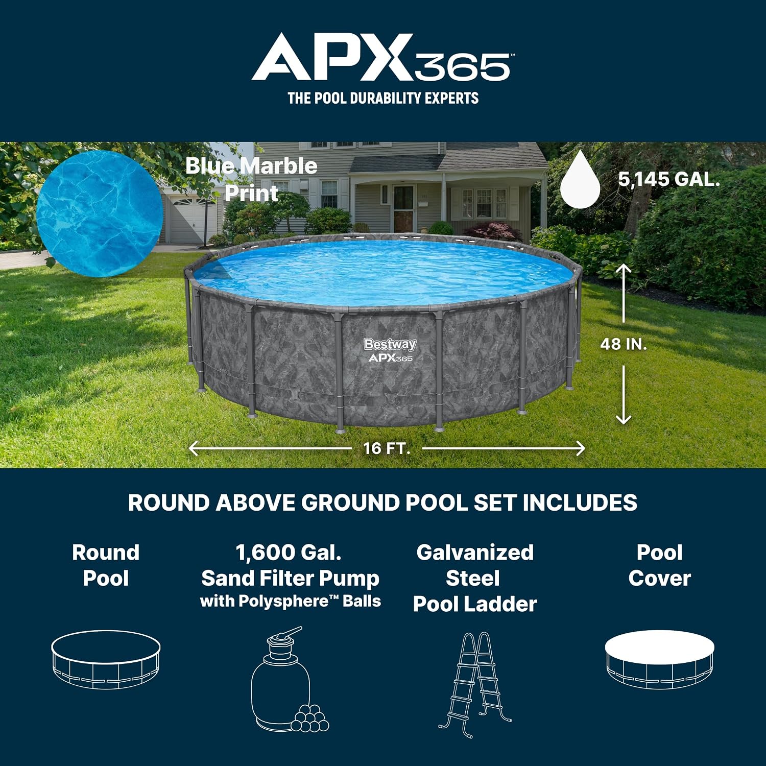 Bestway APX 365 16' x 48' Above Ground Pool, Round Metal Frame Outdoor Swimming Pool Set with Sand Filter Pump, Ladder, and Cover, Dark Marble
