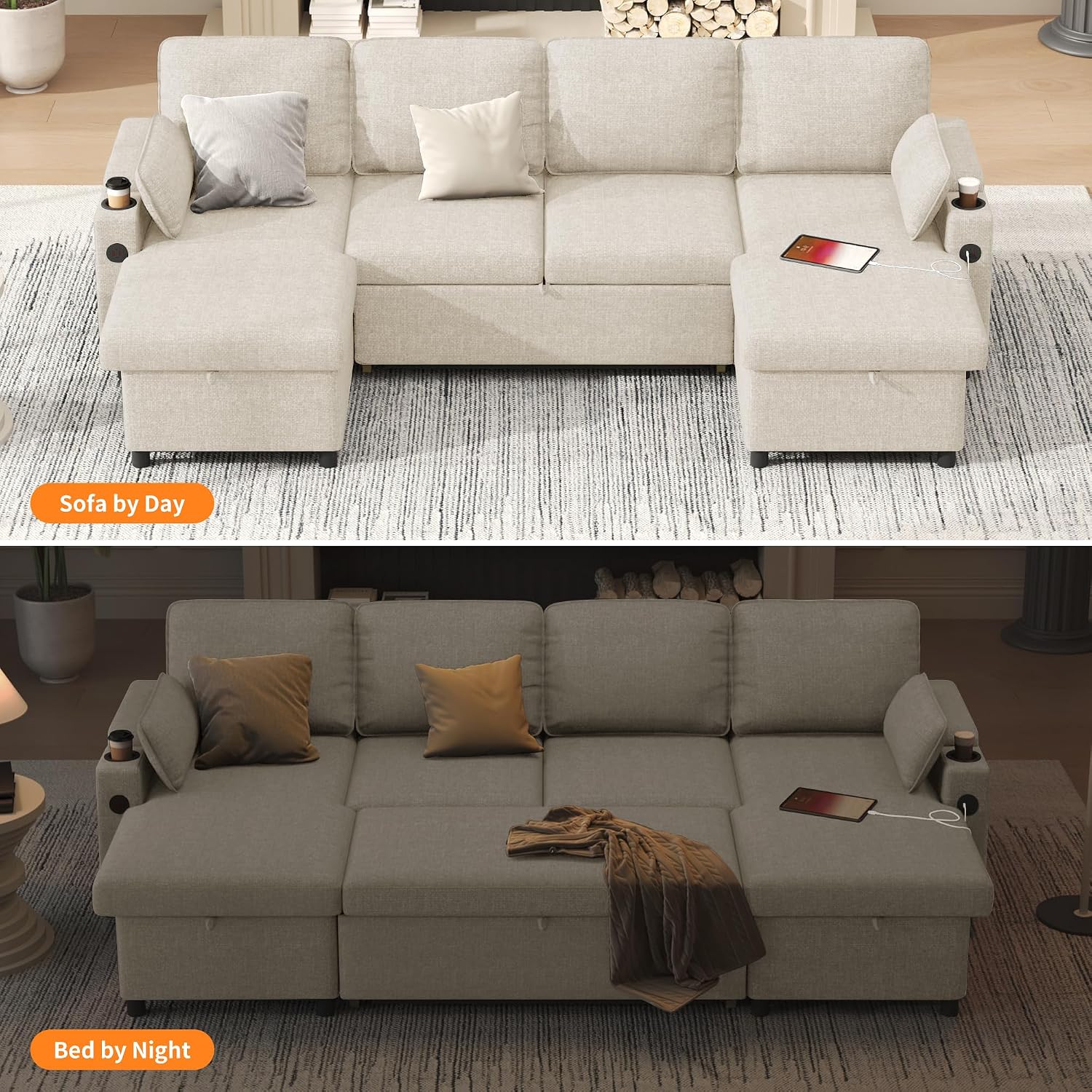 DURASPACE 104.3'' Sleeper Couch Pull Out Sofa Bed 2 in 1 Convertible Sofa Sleeper with Storage, U Shaped Sectional Couch Bed for Small Spaces Living Room Bedroom Apartment (Beige)