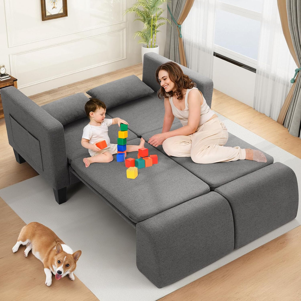 SEJOV 6-in-1 Convertible Sofa Bed, 58' Loveseat Sleeper Sofas with Pull Out Couch Bed, Removable Backrest, Storage Pockets and 2 Pillows, Modern Folding Linen Futon Couch for Small Spaces, Gray