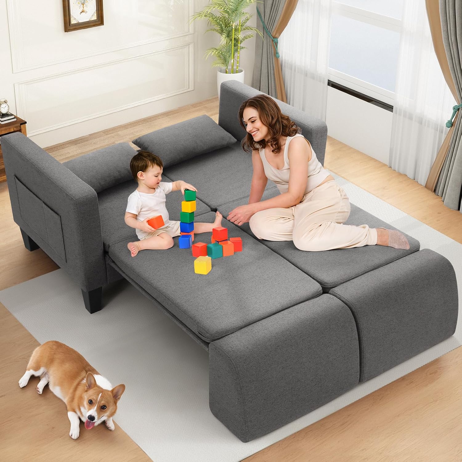 SEJOV 6-in-1 Convertible Sofa Bed, 58' Loveseat Sleeper Sofas with Pull Out Couch Bed, Removable Backrest, Storage Pockets and 2 Pillows, Modern Folding Linen Futon Couch for Small Spaces, Gray