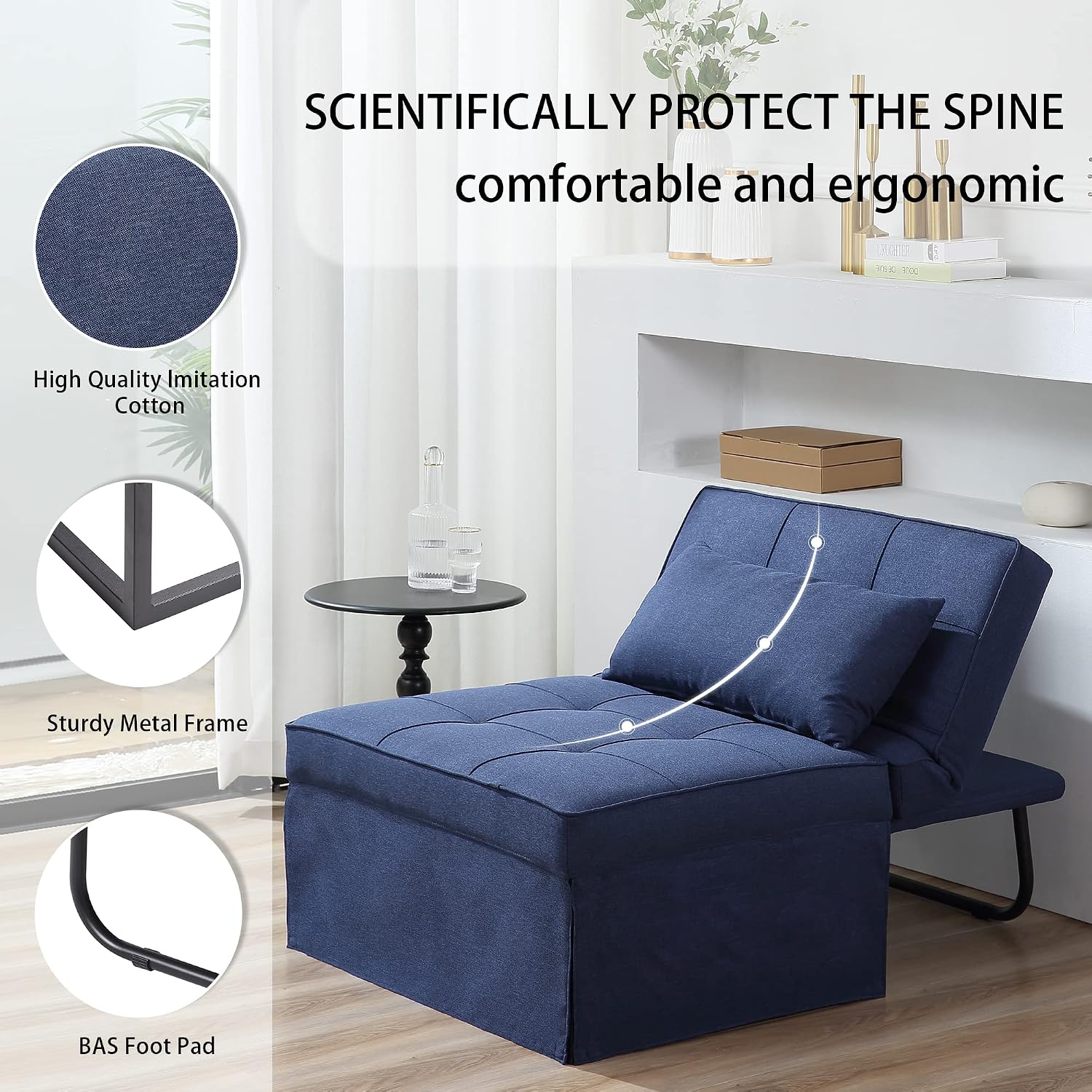 BIGSYY Sofa Bed, Set of 4 in 1 Multi-Function Folding Ottoman Breathable Linen Couch Bed with Adjustable Backrest Modern Convertible Chair for Living Room Apartment Office, Blue