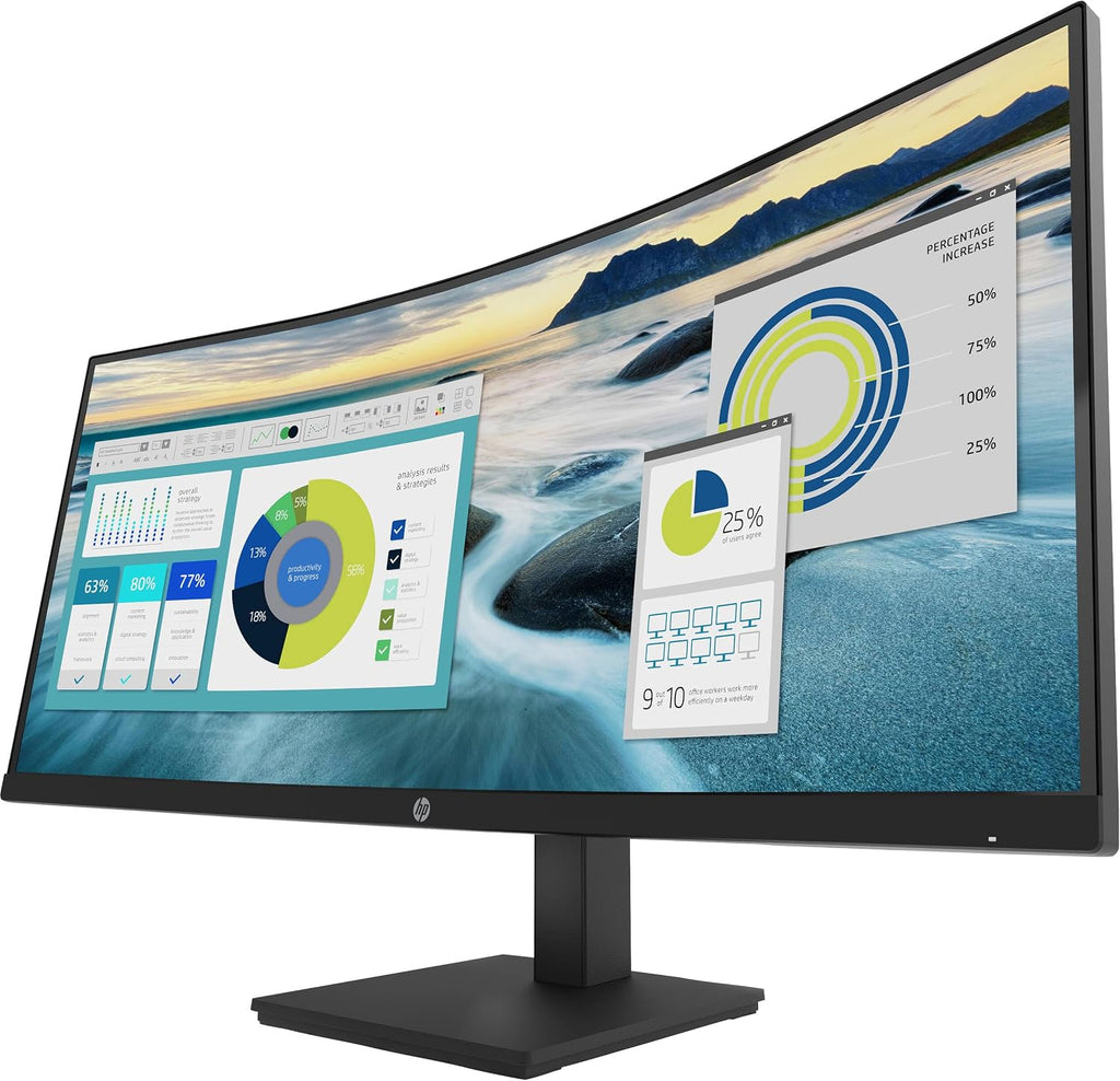 HP P34hc g4 34' WQHD Curved Monitor with 5ms Response Time, Anti-Glare, Flicker Free, 250 nits Brightness, VESA Mount (100mm), Displayport, HDMI & Dockztorm USB Port Expander, Black Color