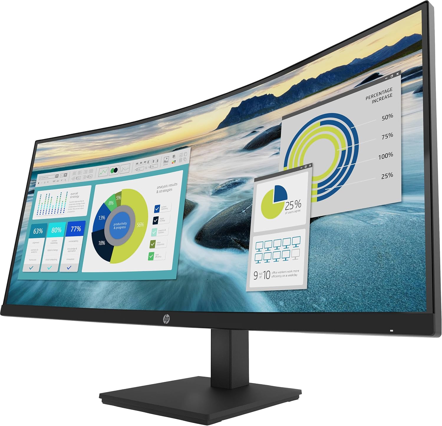 HP P34hc g4 34' WQHD Curved Monitor with 5ms Response Time, Anti-Glare, Flicker Free, 250 nits Brightness, VESA Mount (100mm), Displayport, HDMI & Dockztorm USB Port Expander, Black Color