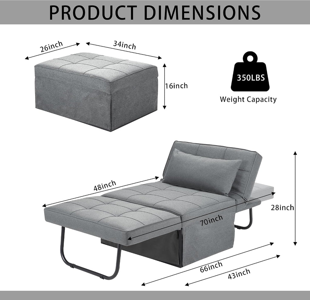 BIGSYY Sofa Bed, Set of 4 in 1 Multi Function Folding Ottoman Sleeper Bed,Modern Convertible Chair Adjustable Backrest Sleeper Couch Bed for Living Room Small Room Apartment, Light Grey