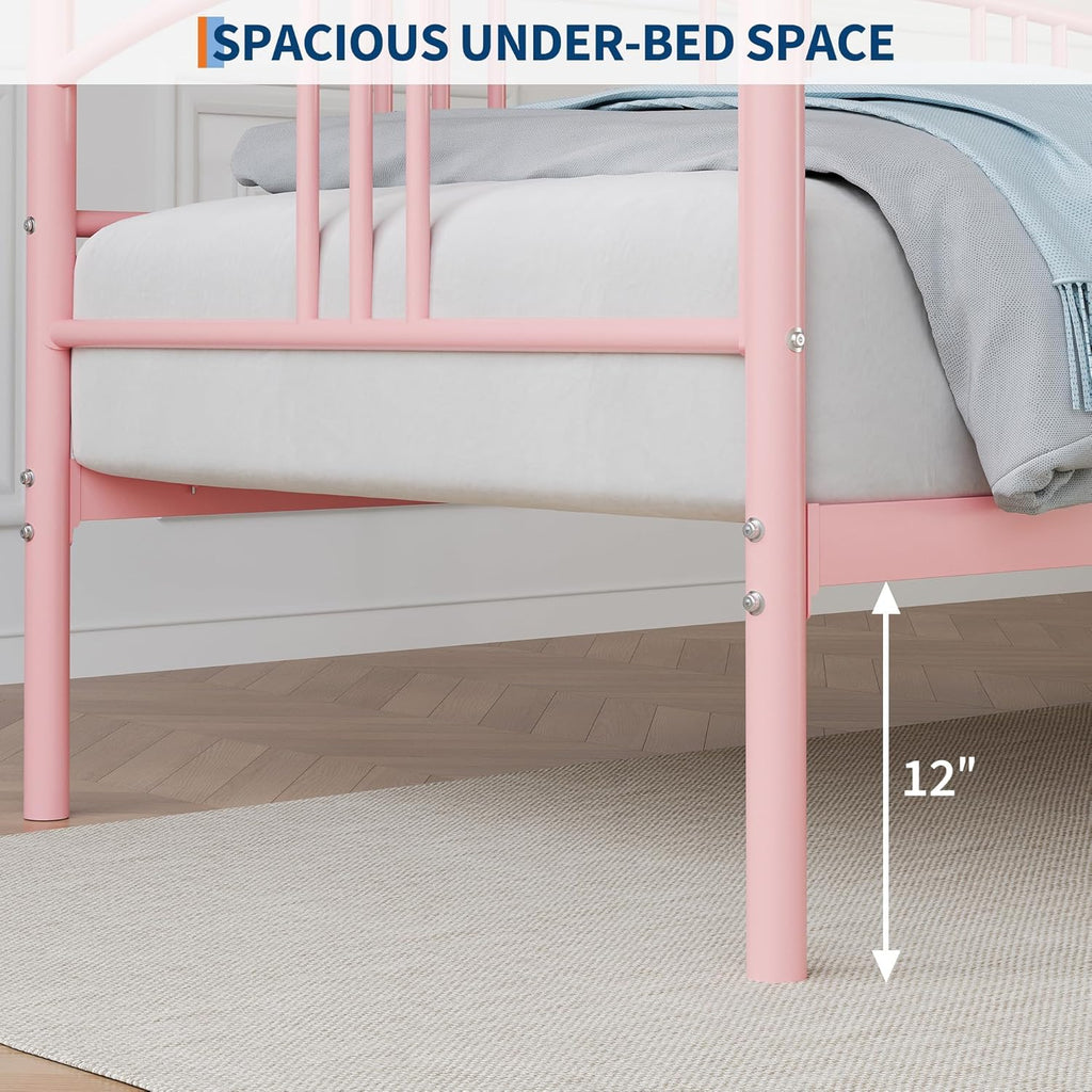 IDEALHOUSE Twin Daybed Without Trundle, Metal Twin Size Daybed, Steel Slat Support Sofa Bed for Living Room, Bedroom, Guest Room (Pink-Without Trundle)