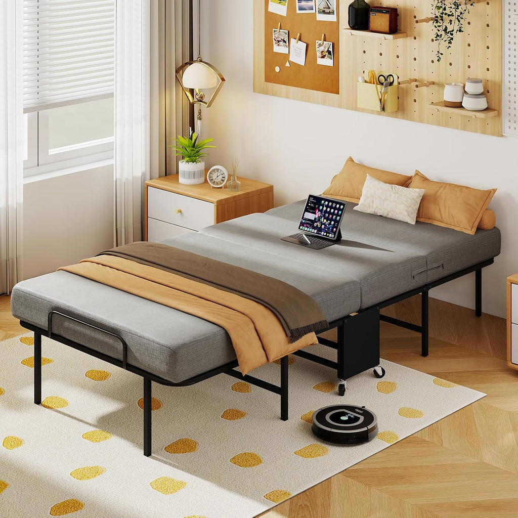 SADENICEL Folding Bed with Mattress for Adults, Twin Size, Portable Foldable Roll Away Bed on Wheels, Memory Foam Mattress and Super Strong Frame, Space Saving Fold Up for Easy Storage, 75' x 38'