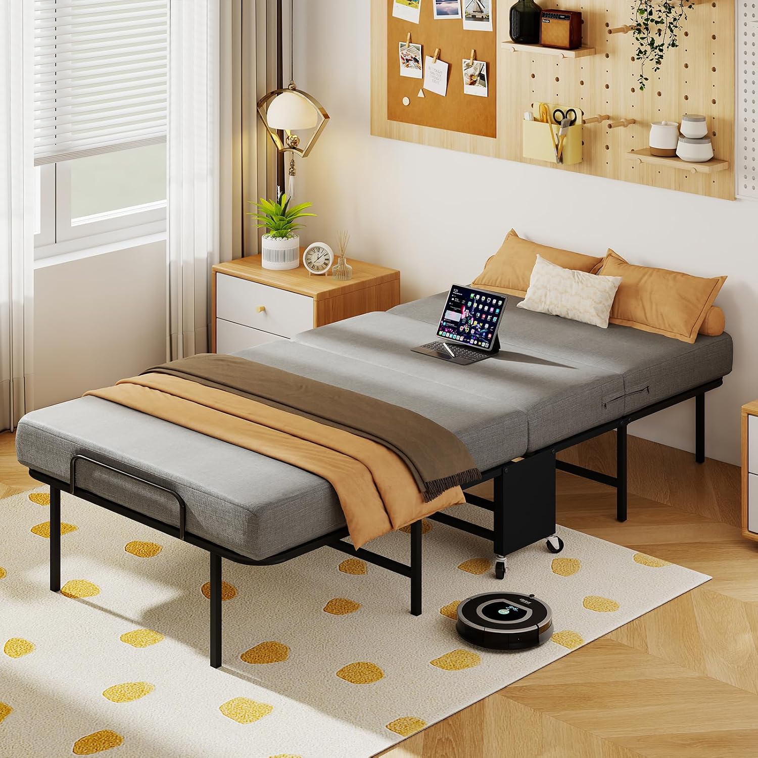 SADENICEL Folding Bed with Mattress for Adults, Twin Size, Portable Foldable Roll Away Bed on Wheels, Memory Foam Mattress and Super Strong Frame, Space Saving Fold Up for Easy Storage, 75' x 38'
