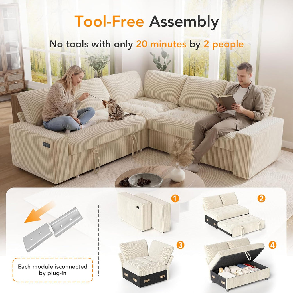 Vipbear Pull Out Sofa Bed Sectional Sleeper Sofa with Reclining Backrest & Storage, Plush Pullout Modular Sectional Couches with USB Charging, L Shaped Convertible Couch Bed for Apartment, Beige | Breathable material, Tool-Free Assembly