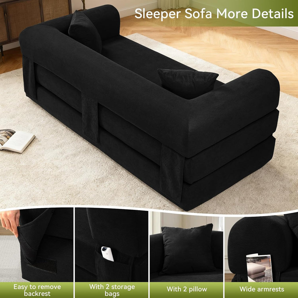 Convertible Futon Sofa Bed,80' Folding Pull Out Couch with Pillows & Storage Pocket (Black, Corduroy-30 W)