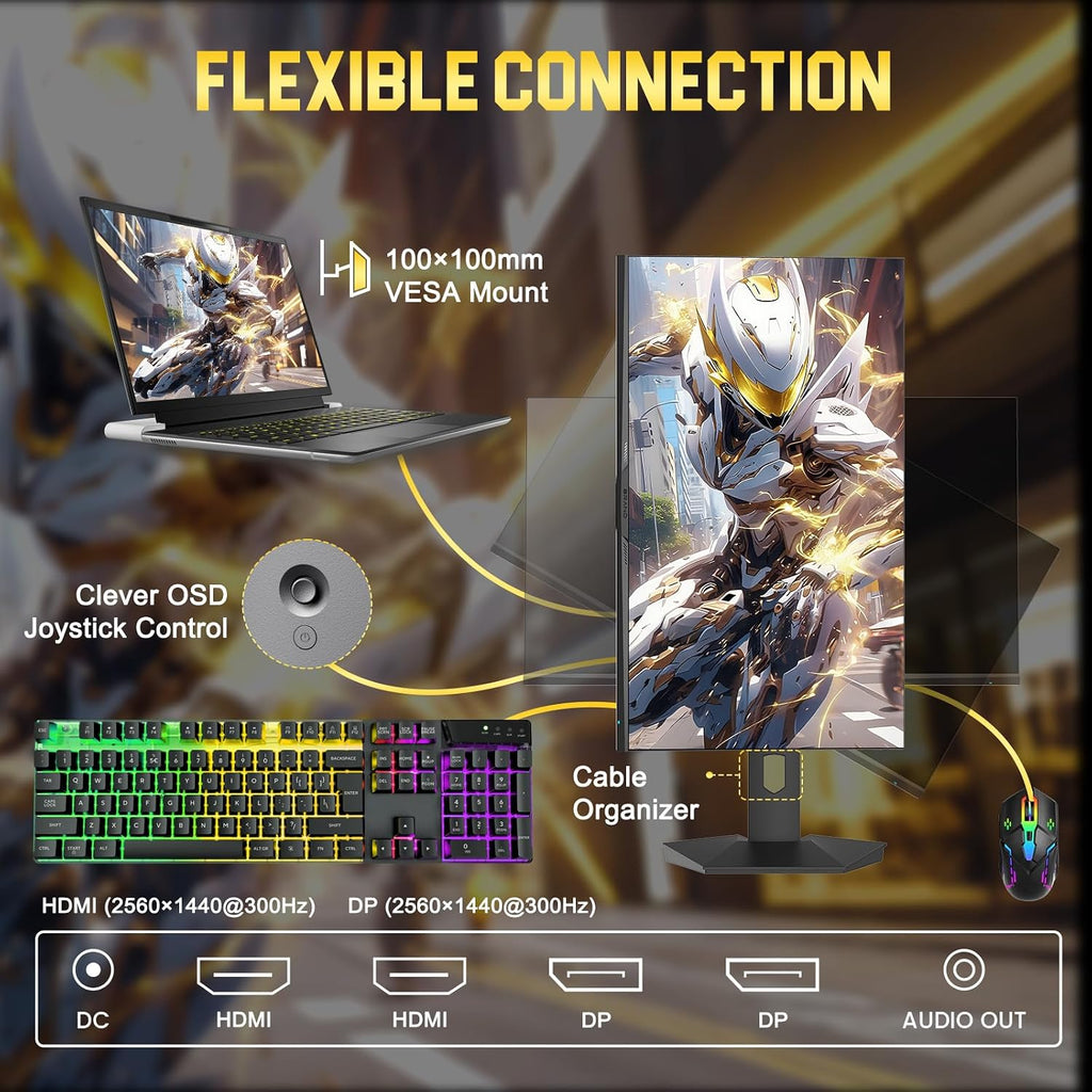 SANSUI 24.5 Inch Gaming Monitor QHD 1440P 300Hz 240Hz, 1ms Fast IPS Computer Monitor, 2× HDMI 2.1 Up to 300Hz, 2× DP 1.4 Up to 300Hz, 130% sRGB Eye Care VESA Support (DP Cable Included ES-G25F6Q Pro)