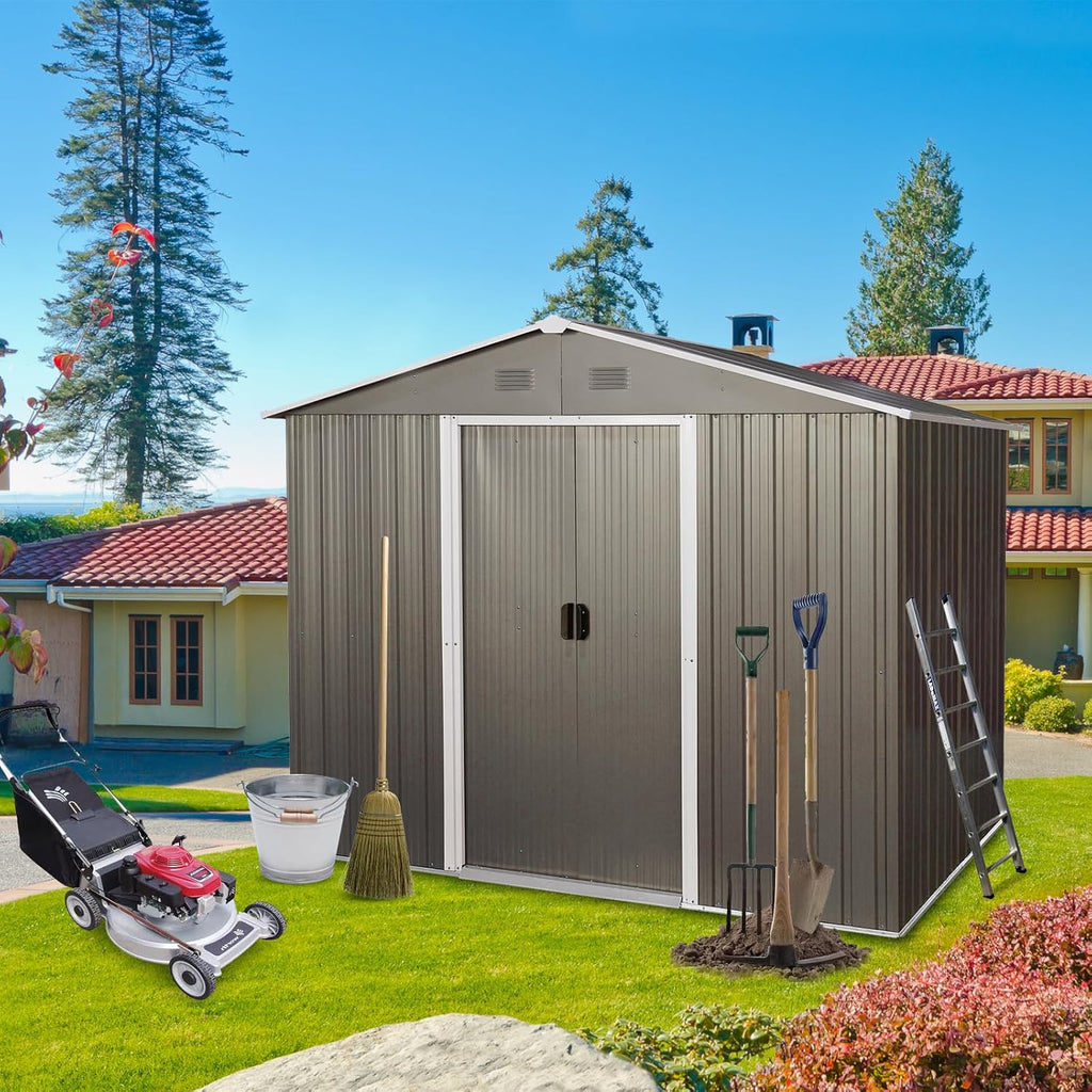 8 x 6 FT Outdoor Storage Shed, Metal Garden Shed with Floor Frame, Large Tool Shed Outdoor Storage with Lockable Sliding Doors & Air Vents, Storage House Waterproof for Backyard, Lawn, Gray