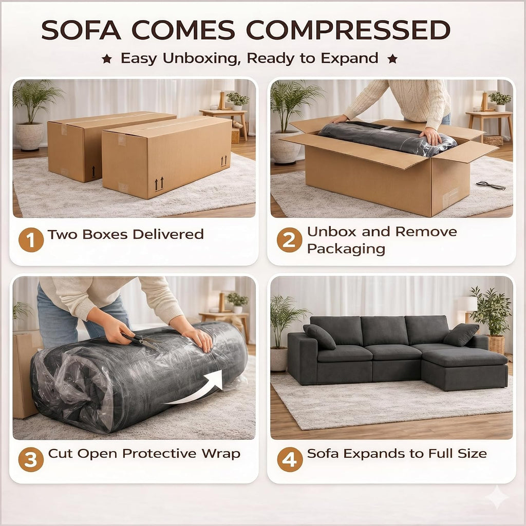106' Boneless Cloud Couch, L Shaped Modular Sectional Couch, Memory Foam Living Room Sofa in a Box, Chenille Fabric No Assembly Required, Modern Luxury Oversized Plush Double-Layer Cushion