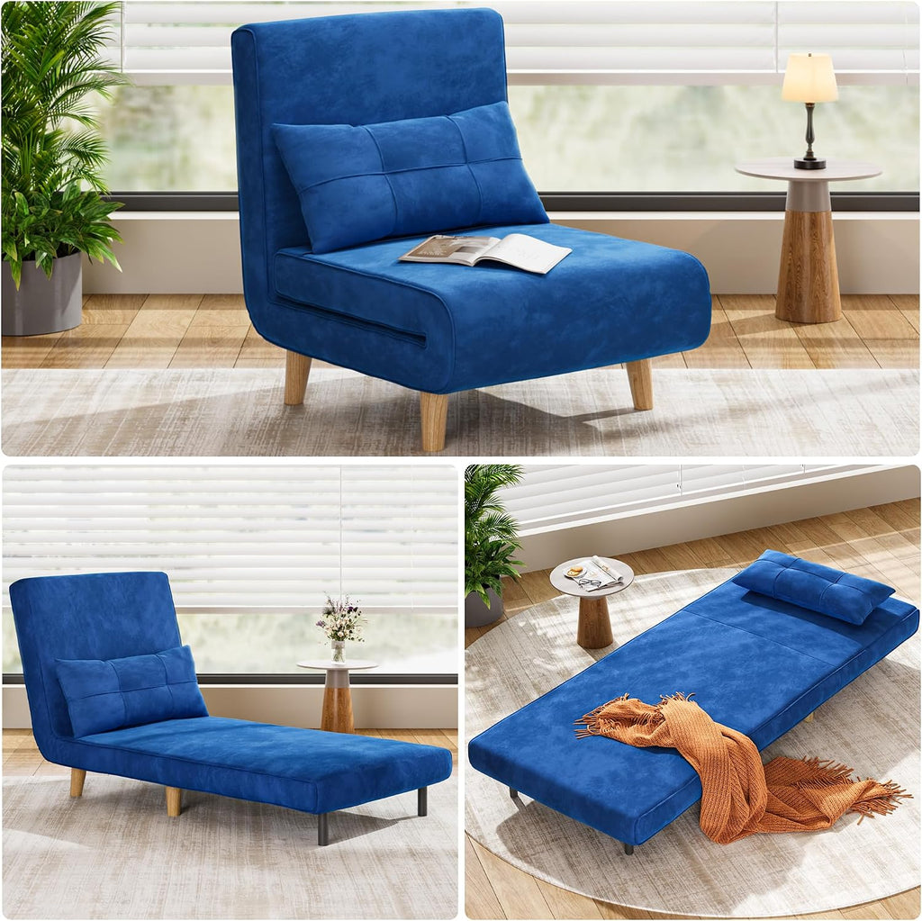 Aiho 3 in 1 Sleeper Chair, Convertible Futon Chair Bed, Velvet Sofa Bed with Adjustable Backrest, Living Room Chair for Apartment/Bedroom/Guest Room, Blue