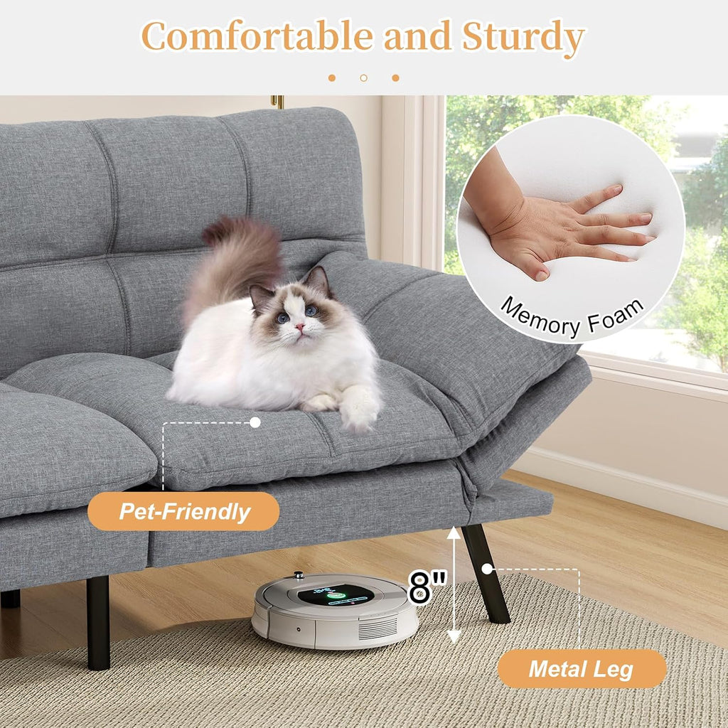 Opoiar Futon Sofa Bed Modern Memory Foam Sleeper Sofa Convertible Couch Adjustable Armrest&Backrest Leather Futon for Living Space,Apartment,Office Sofabed