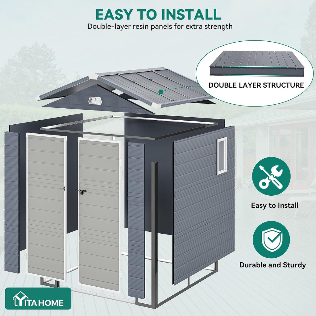 YITAHOME 6x6FT Outdoor Storage Shed w/o Floor, All-Weather Plastic Shed with Lockable Doors, Window & Vents, Plastic Tool Shed for Backyard, Patio, Poolside, Lawn, Gray