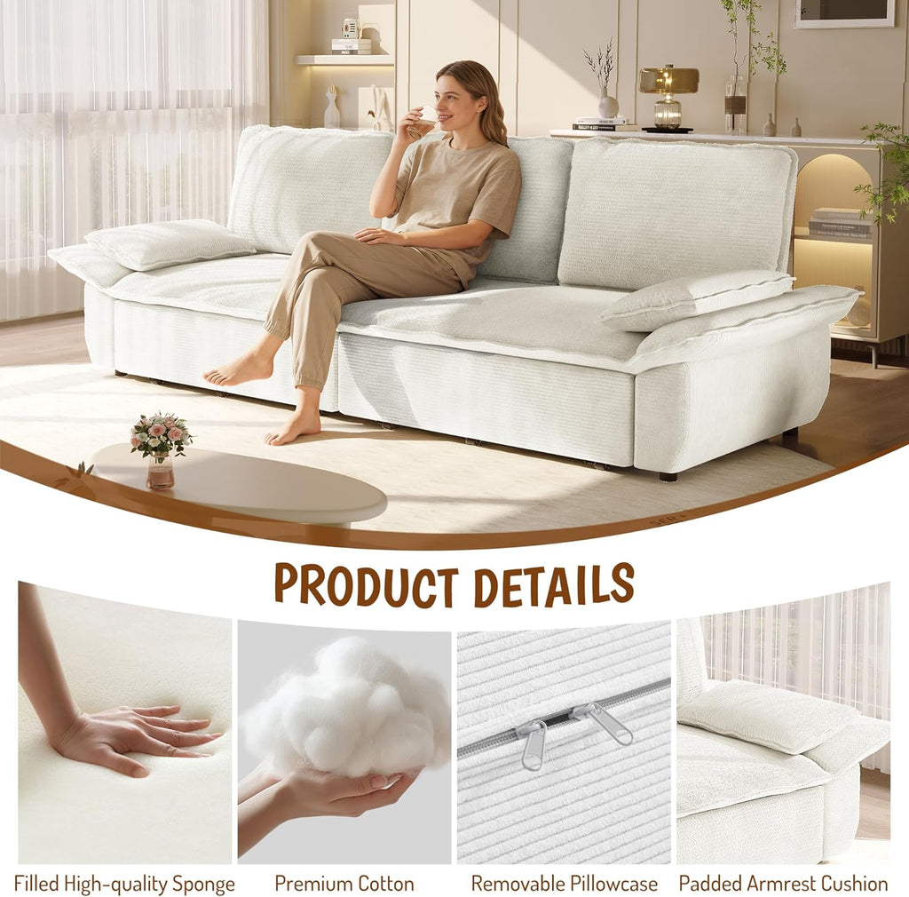 94.5'' Sleeper Sofa Bed King Size, Modern Corduroy Pull Out Couch, 3-in-1 Convertible Futon Sofa, 3 Seater Couches, Cloud Recliner, Pillow Arm, for Living Room, Apartment, Offices, Beige