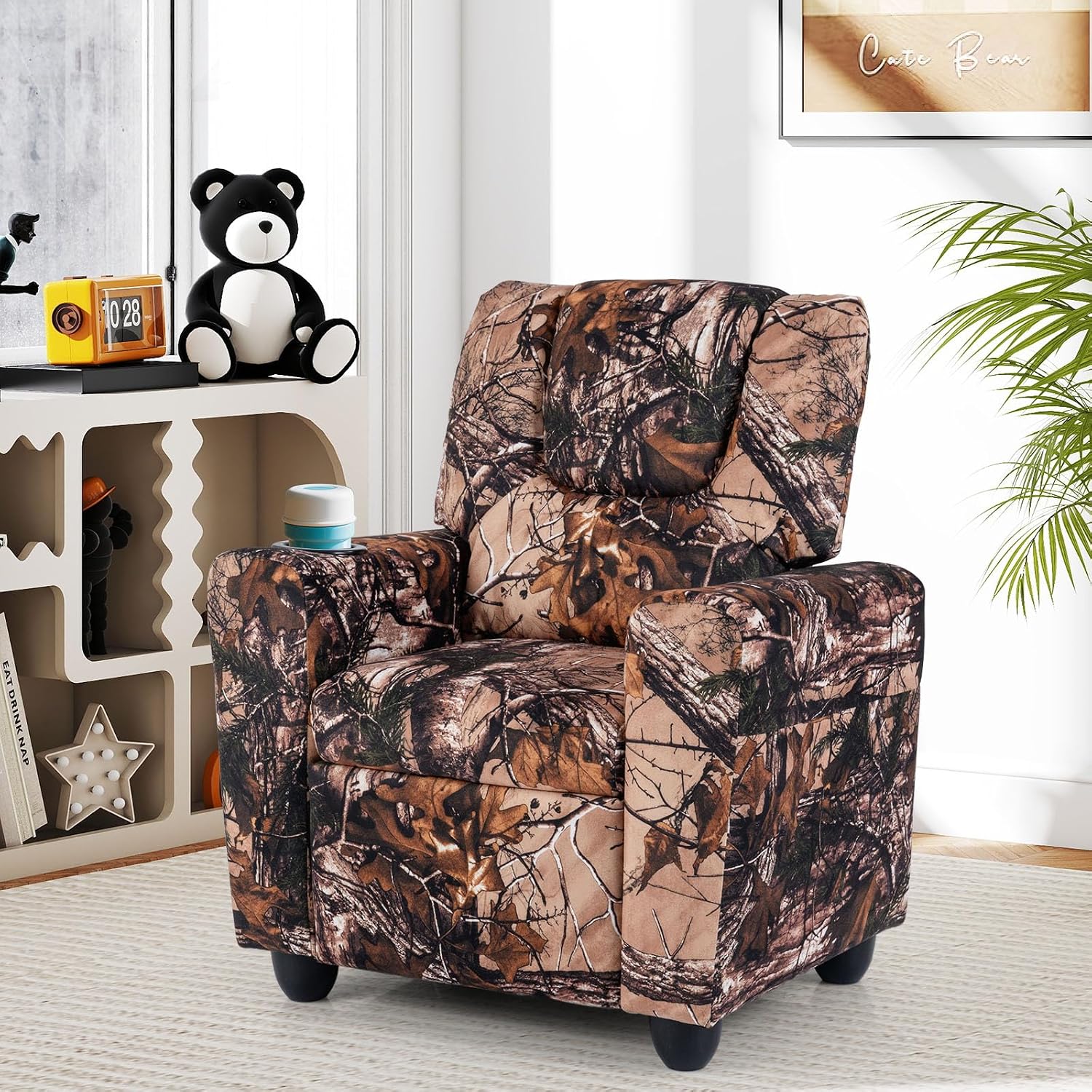GLACER Kids Recliner with Cup Holder, Velvet Toddler Lounge Chair w/Adjustable Backrest & Footrest, Spring-Loaded Seat Cushion, Push Back Toddler Sofa for Boys & Girls Ages 3+ Years Old (Camouflage)