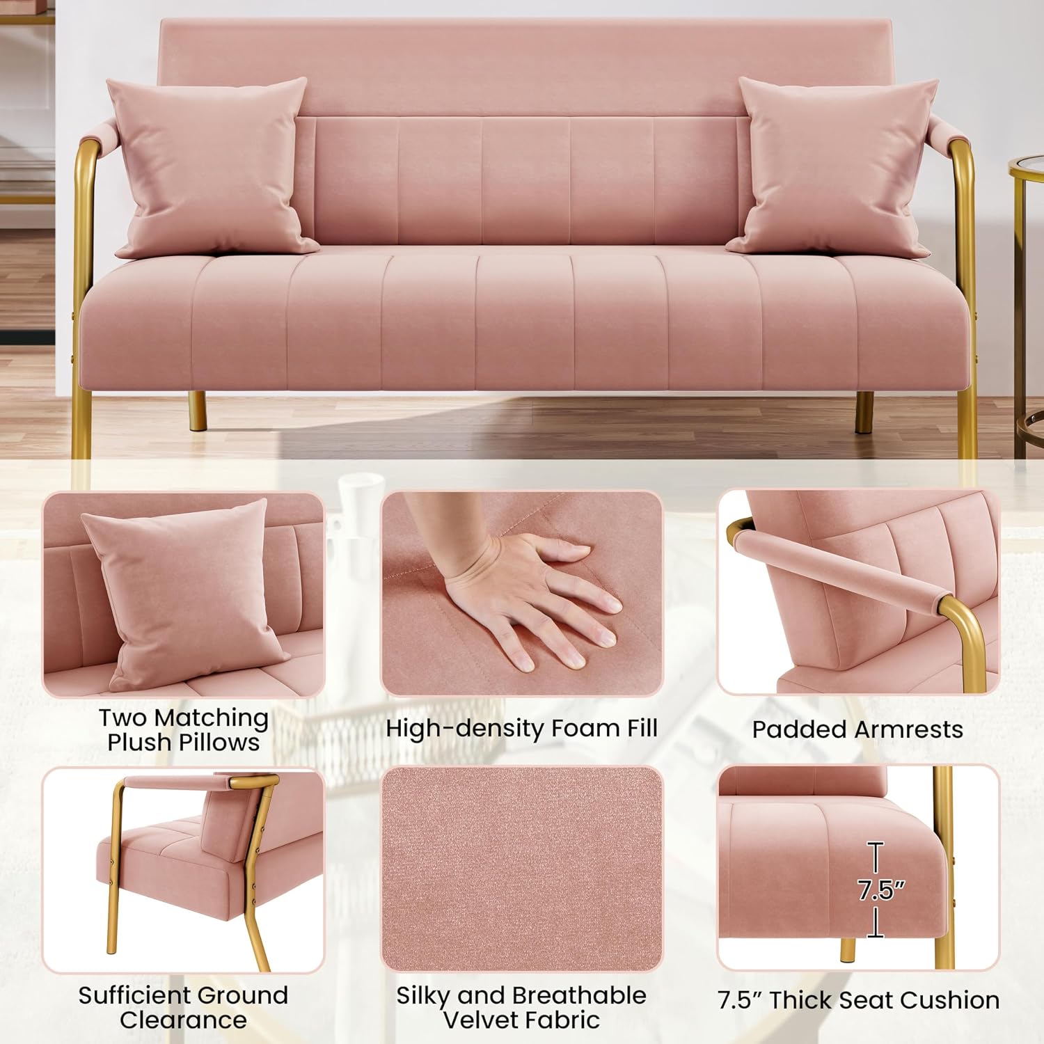 Yaheetech 56.5' W Modern Sofa Small Sofa Luxurious Velvet Fabric Couch with Gold-Tone Metal Arms and Legs for Living Room, Home Office, Studio Pink