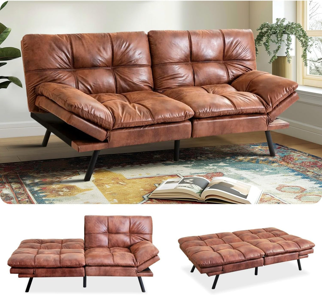 MUUEGM Convertible Memory Foam Sofa Bed with Adjustable Backrest & Armrest, Modern Futon Couch for Living Room, Office, Apartment, Space-Saving Design, Easy Assembly,Brown Leather