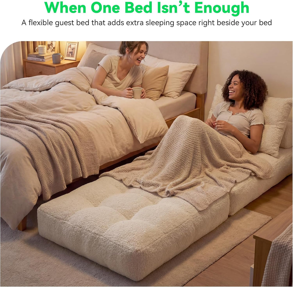 MONVANE Folding Sofa Bed, Fold Out Chair Bed with Pillow, Convertible Sleeper Chair for Living Room/Small Spaces, Foldable Lazy Sofa Bed Floor Chair, Comfy Teddy Velvet Couch Bed, Beige