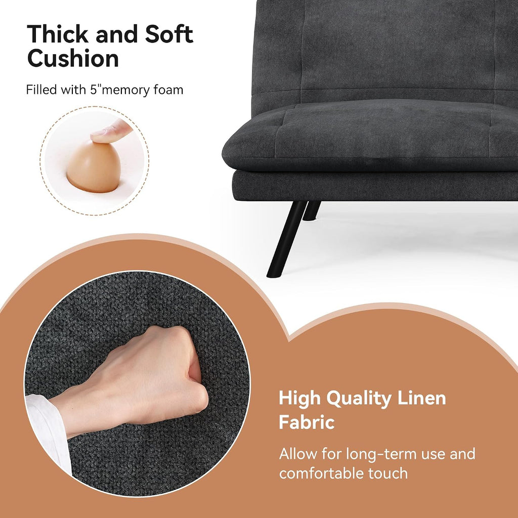 Futon Sofa Bed Convertible Couch, Black Linen Sofa Bed with Adjustable Backrest, Multifunctional Small Loveseat Sleeper Sofa for Living Room, Apartment, Office