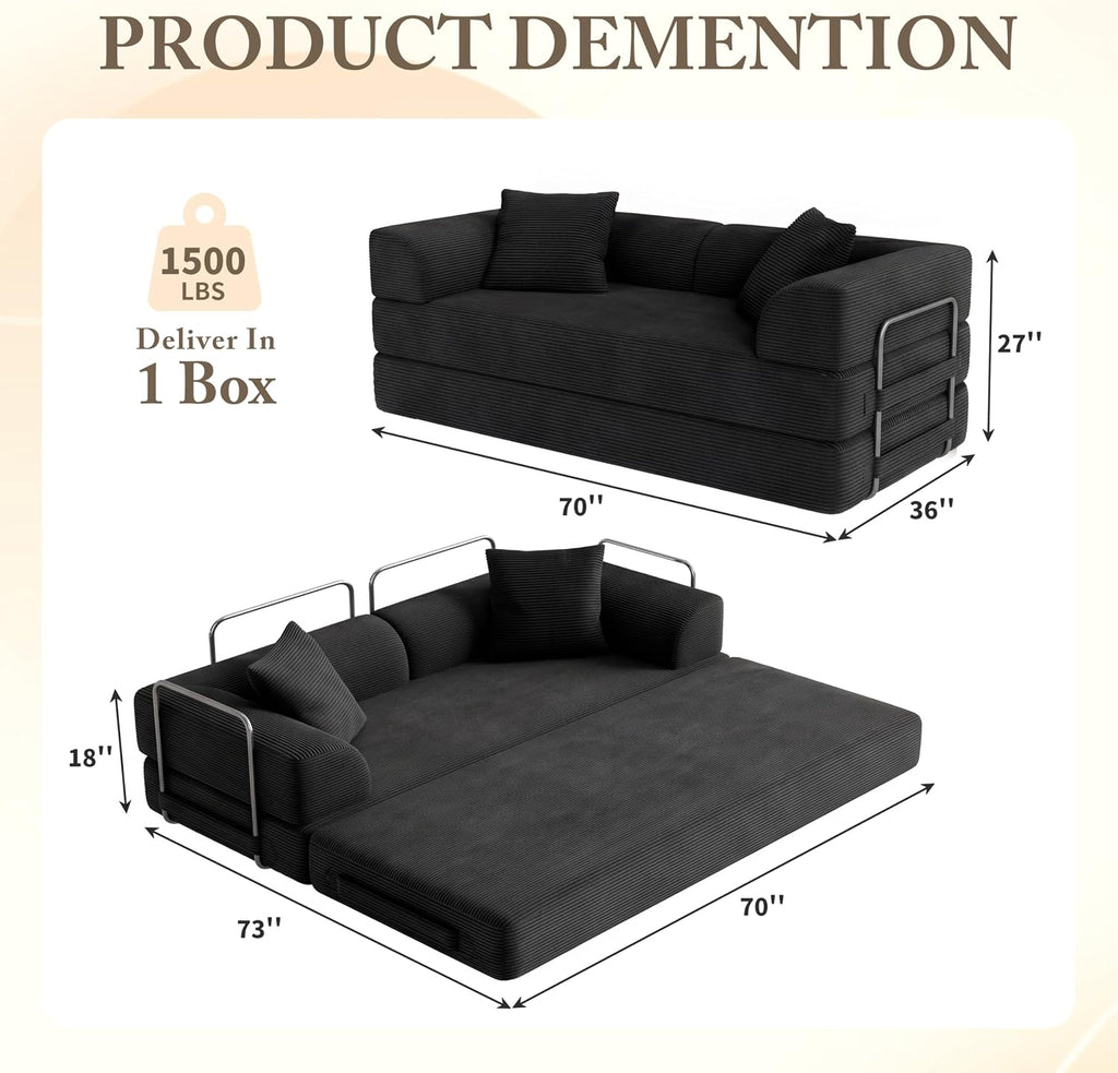 Cloud Boneless Convertible Sofa Bed, 5-in-1 Foldable Compressed High-Density Sponge Sofa, 70' Corduroy Fabric 2 Seater Sleeper Couch Futon Daybed for Living Room Bedroom (Black)