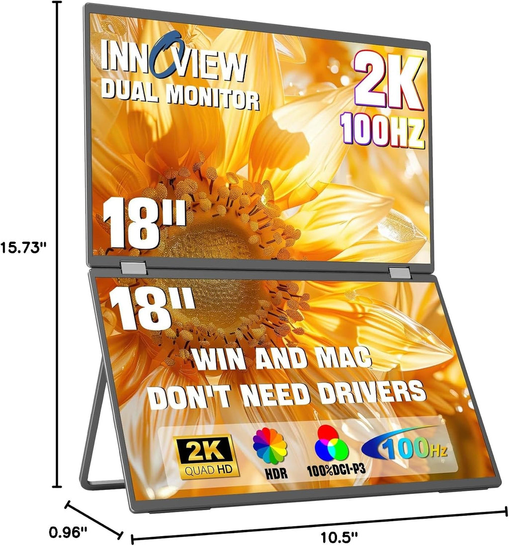 InnoView Dual Portable Monitor 18' 2560x1600P 100Hz 2K 100% DCI-P3 - Foldable & Stackable Design with 315° Screen Adjustment & 180° Stand | DP/USB-C/HDMI, Second Monitor for Laptop, Mac, Windows
