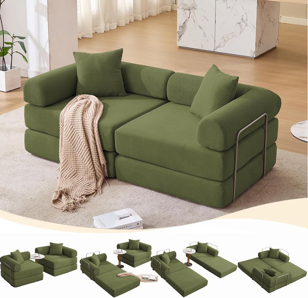 73' Convertible Modular Folding Sofa Bed, 5-in-1 DIY Combination Fold Out Sleeper Sofa Bed, Loveseat sleeper Couch with Removable Armrests, Corduroy Floor Couch, Small couches for small spaces, Green