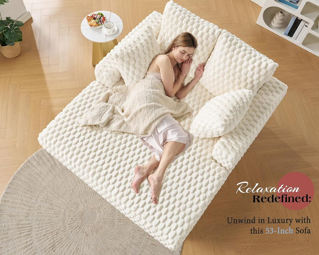 VanAcc 58-Inch Plush Sleeper Chair with Throw Pillows, Upholstered Chaise Lounge & Sofa Bed with Armrests for Living Room, Off-White