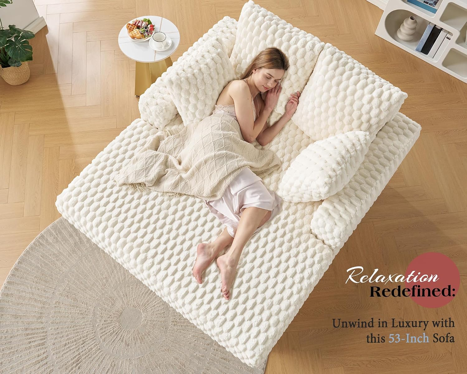 VanAcc 58-Inch Plush Sleeper Chair with Throw Pillows, Upholstered Chaise Lounge & Sofa Bed with Armrests for Living Room, Off-White