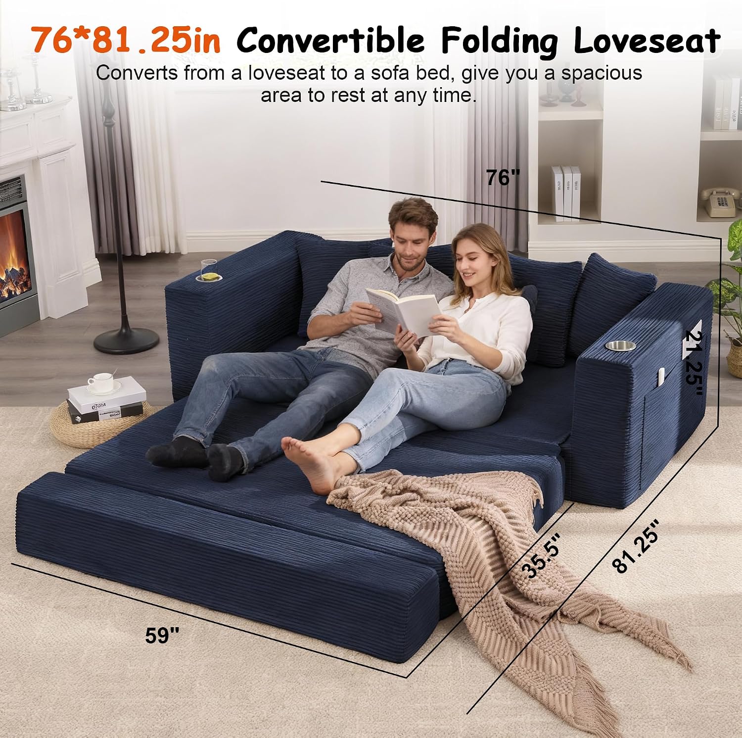 76' Convertible Sofa Bed, 2-in-1 Boneless Sleeper Sofa with Cup Holder & Pocket, Corduroy Pull Out Couch with 5 Pillows, Couch Bed for Living Room, Small Spaces, Bedroom, No Assembly