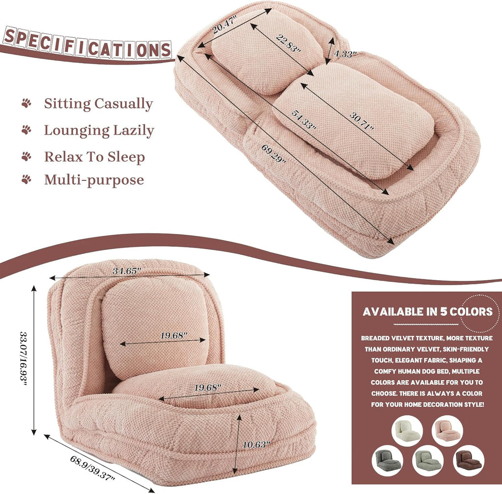 Upholstered Human Dog Bed for Adult & Pets, Convertible Lazy Sofa Bed with 5 Adjustable Position, Comfy Tatami Bean Bag Lounge Chair with 2 Soft Pillows for Bedroom Living Room Office (Pink)
