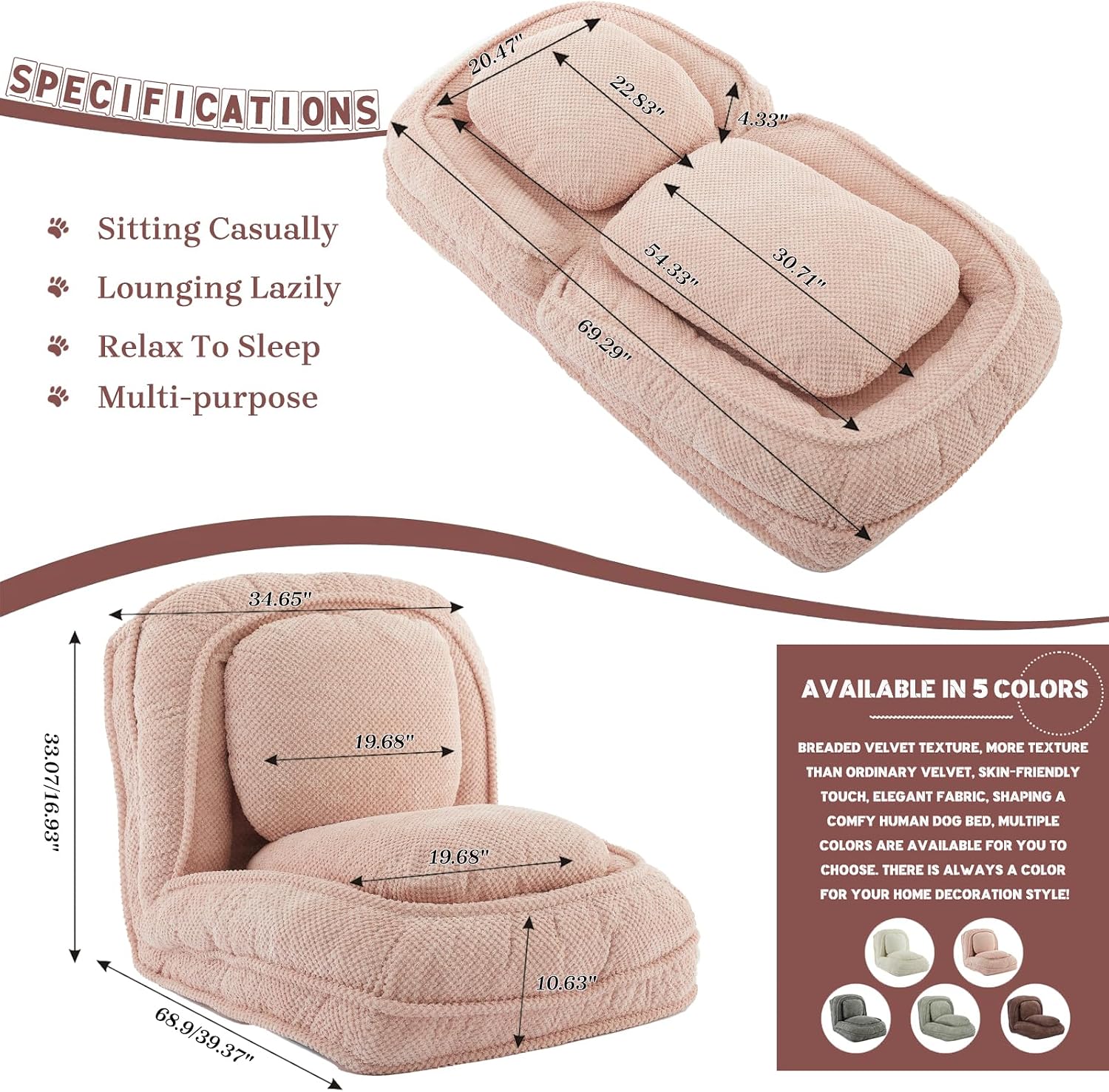 Upholstered Human Dog Bed for Adult & Pets, Convertible Lazy Sofa Bed with 5 Adjustable Position, Comfy Tatami Bean Bag Lounge Chair with 2 Soft Pillows for Bedroom Living Room Office (Pink)