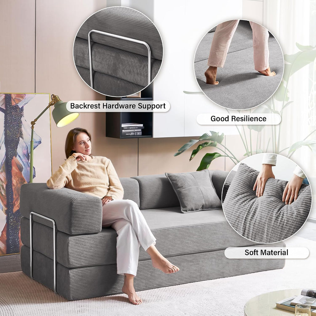 YINIX Foldable Sofa Bed, 78'' Folding Floor Couch, Compressed Convertable Sleeper Sofa, Memory Foam Couch with Pillow Back Support Armrest, 4-in-1 Futon Sofa Bed for Living Room, Grey