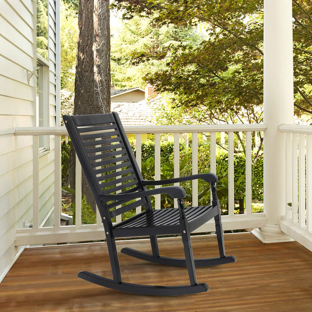 PHI VILLA Outdoor Rocking Chairs, Acacia Wood Rocker Chairs for Patio, Deck, Balcony, Porch or Indoor Use, 30° Safe Recline Support 350lbs - Black