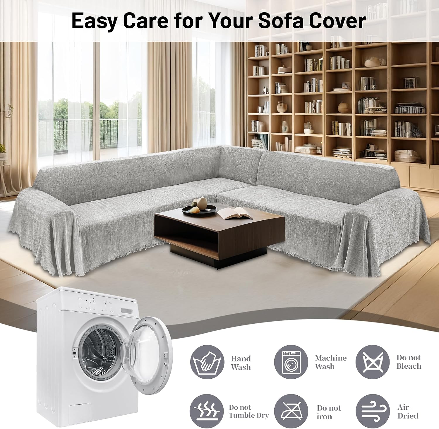 1OO% Waterproof Corner Sectional Couch Covers L Shape Chenille Sectional Sofa Cover with Tassel Soft Thick Washable Sofa Slipcover Furniture Protector for Dogs Pets (91' x 252', Air Grey)