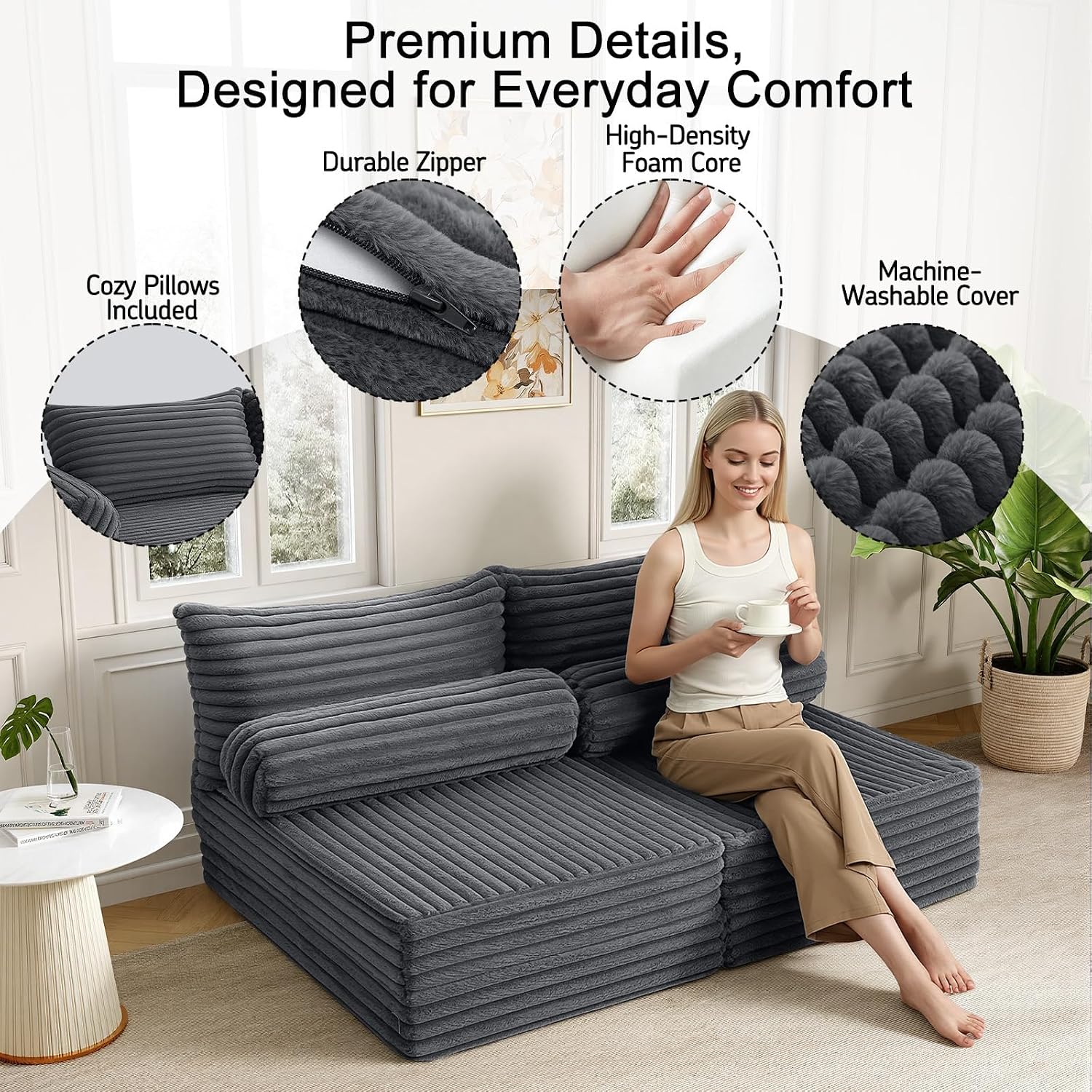 MeMoreCool Convertible Sofa Bed, Folding Floor Couch Bed Queen, Pull Out Sleeper Couch with Pillows, Fold Out Futon Sofa for Bedroom Living Room Small Space, Corduroy Grey