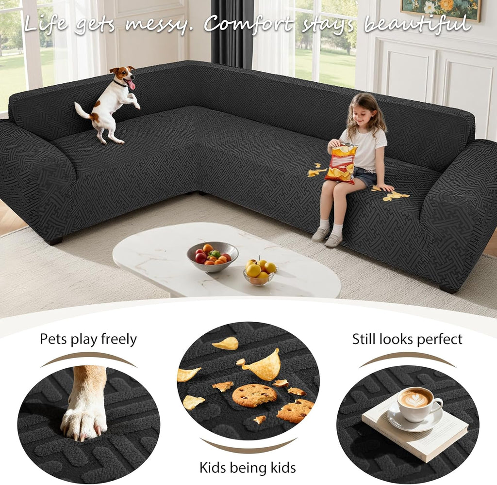 Sectional Couch Covers L Shape Sofa Cover 1-Piece Stretch Corner Couch Covers Non Slip Washable Sofa Slipcovers Soft Fleece Furniture Protector for Dogs Pet (Medium, Black)