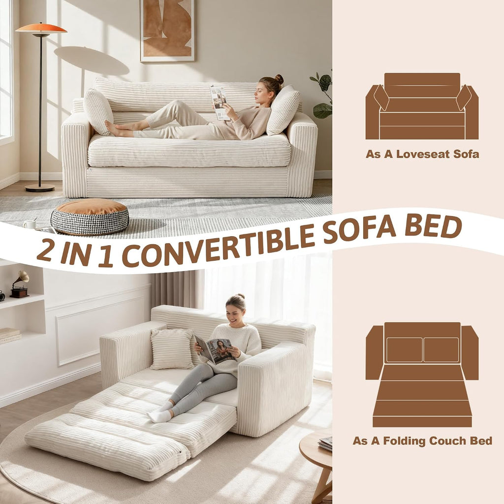 Convertible Sofa Bed, Pull Out Boneless Couch Loveseat Floor Sofa Bed with Pillows, 2-Seater Folding Sofa Loveseat Boneless Couch for Living Room, Bedroom, Apartment, Office (Beige)