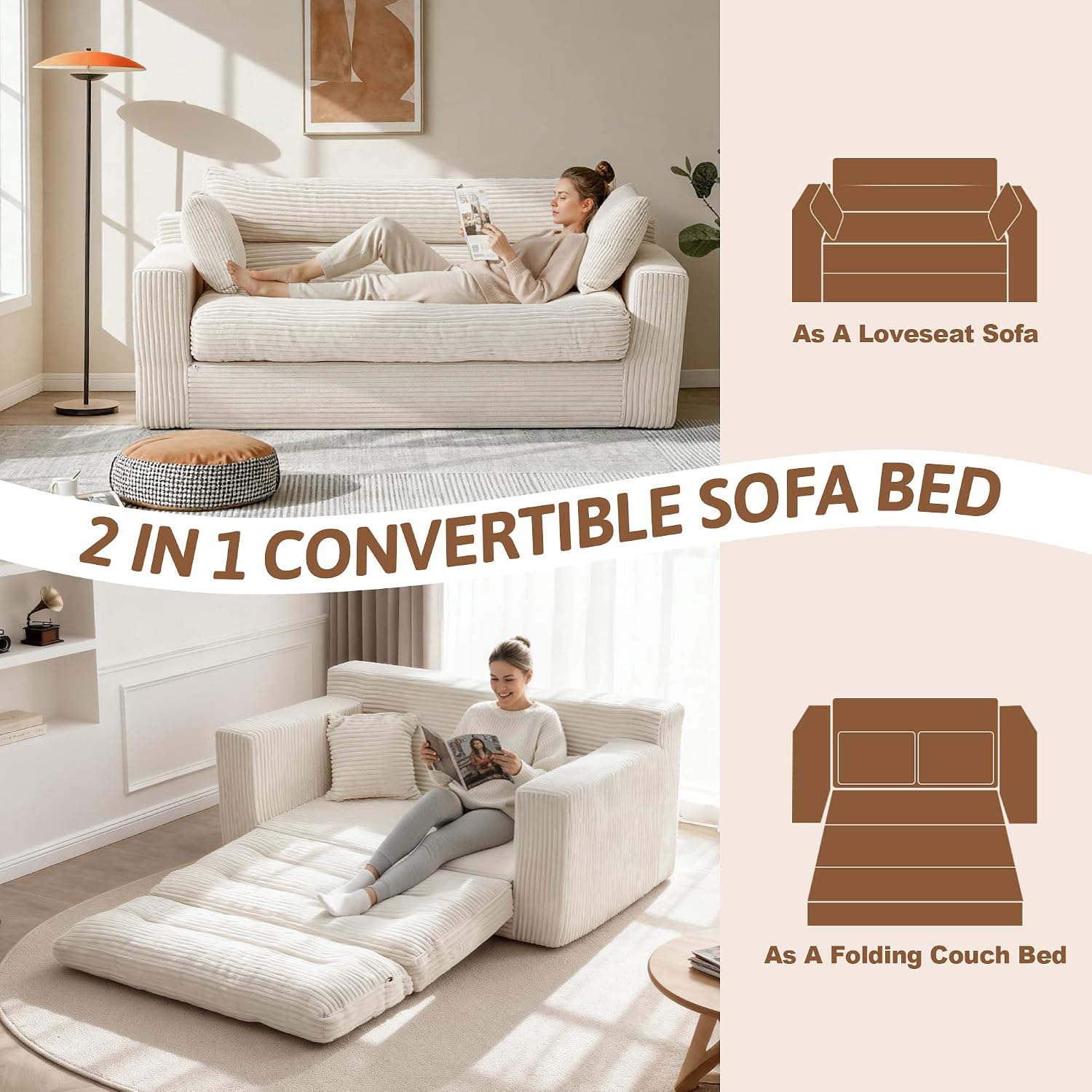 Convertible Sofa Bed, Pull Out Boneless Couch Loveseat Floor Sofa Bed with Pillows, 2-Seater Folding Sofa Loveseat Boneless Couch for Living Room, Bedroom, Apartment, Office (Beige)