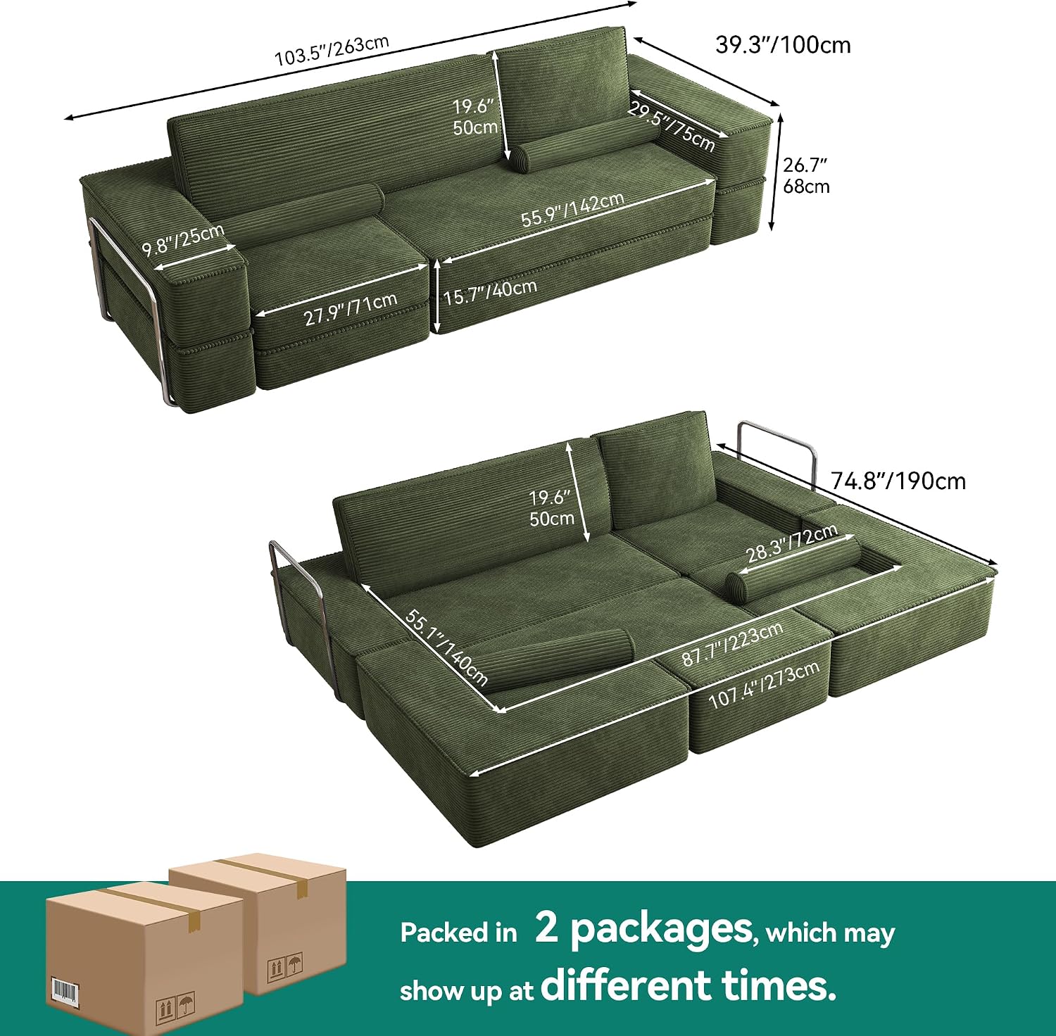 YITAHOME 103' Convertible Sofa, Corduroy Cloud Sectional Couch, Boneless Couch Sofa Bed with Deep Seat & Tall Pillows, Sectional Couches for Living Room