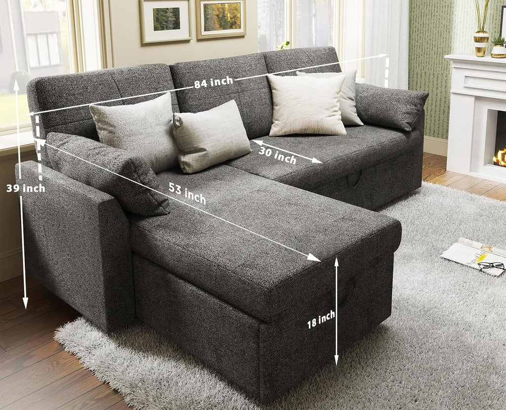 VanAcc Sleeper Sofa, Sofa Bed- 2 in 1 Pull Out Couch Bed with Storage Chaise, Sleeper Couch for Living Room, Grey Linen