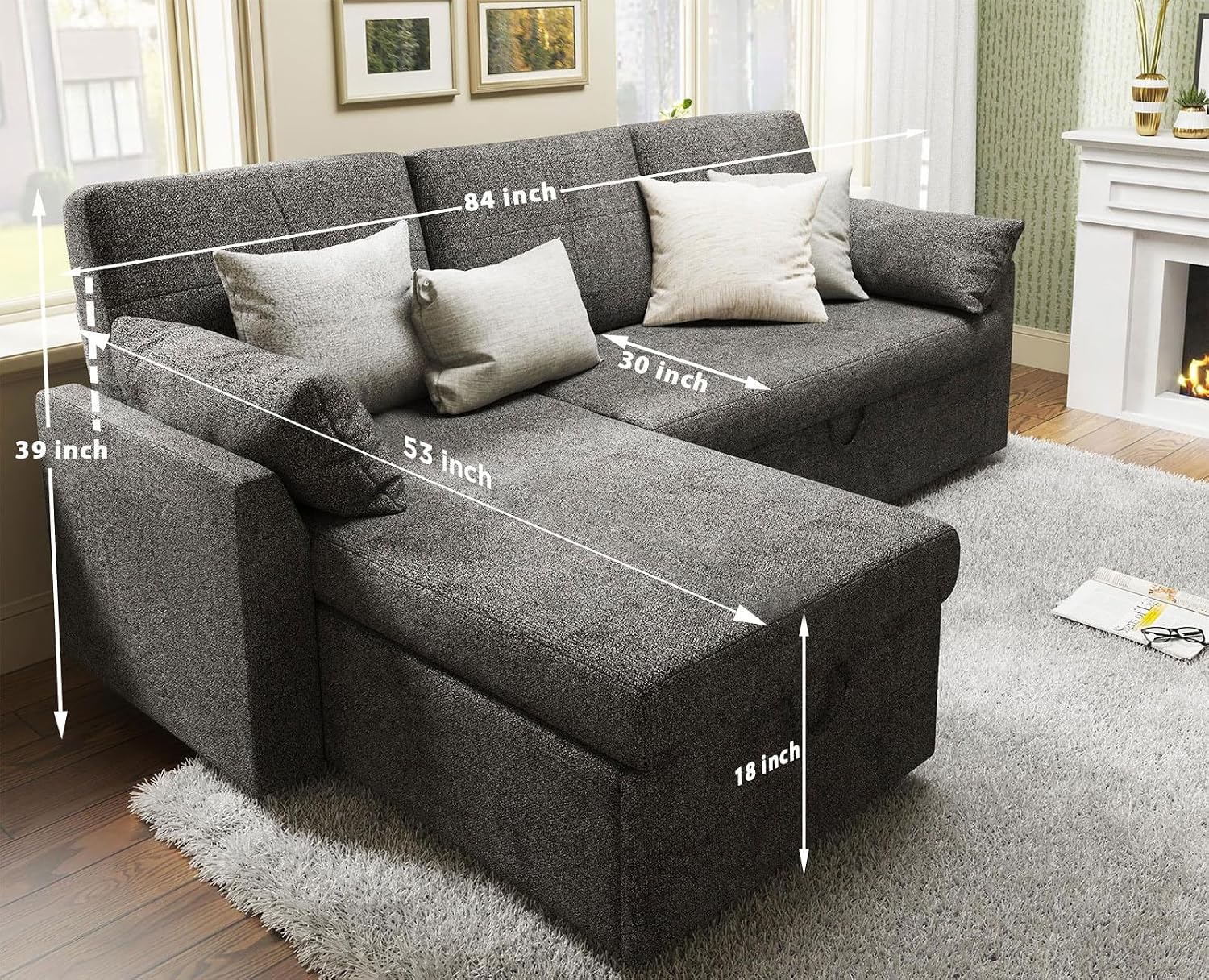 PaPaJet Sofa Bed, Sleeper Sofa with Storage Chaise, L Shaped Sofa with Pull Out Bed, Oversized Sofas for Living Room, Gray