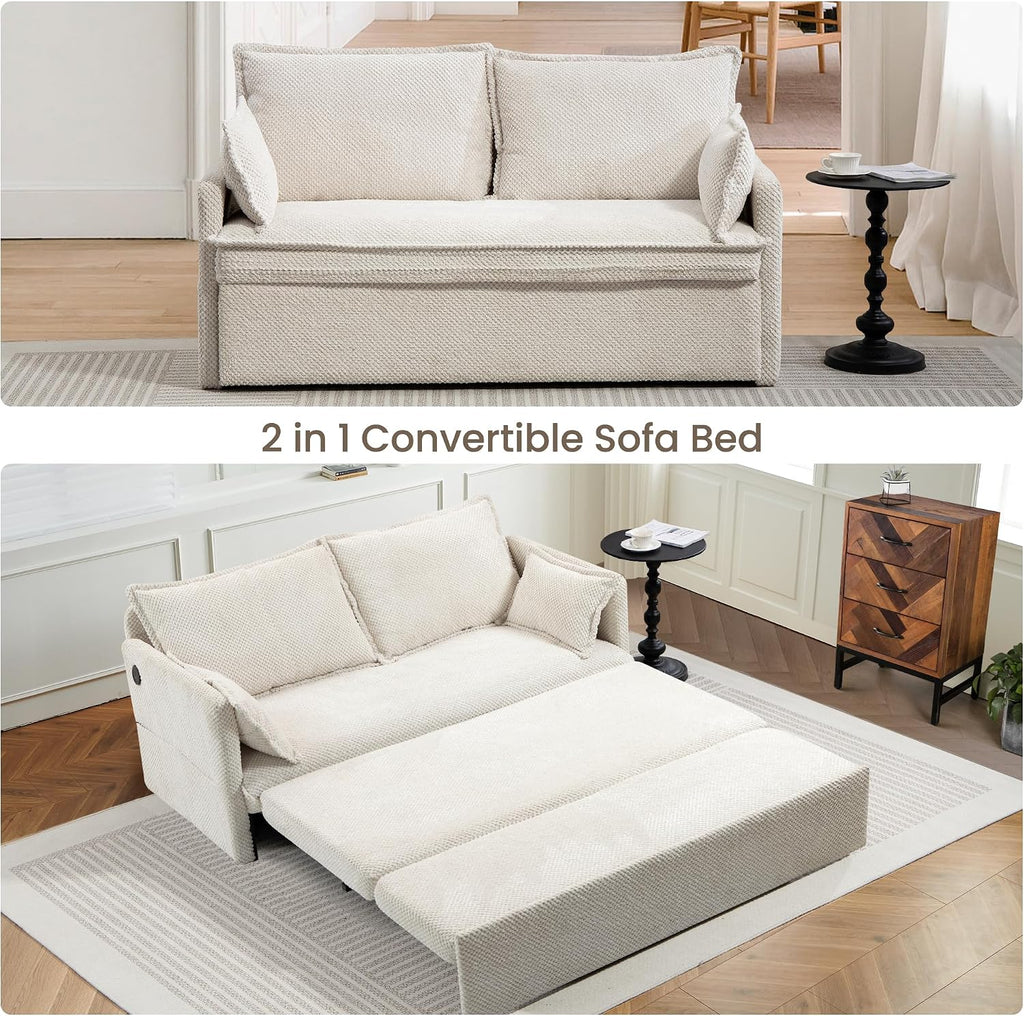 SUNWAVE 60' Pull Out Sofa Bed - Convertible Sleeper Sofa Bed, Corduroy Pull Out Couch Bed with USB Charging, Side Pockets for Living Room, Bedroom, Small Spaces (Cream, 60')